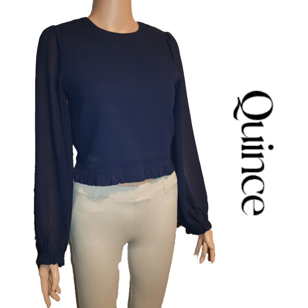 Quince Navy Long-Sleeve Ruffled Hem Blouse